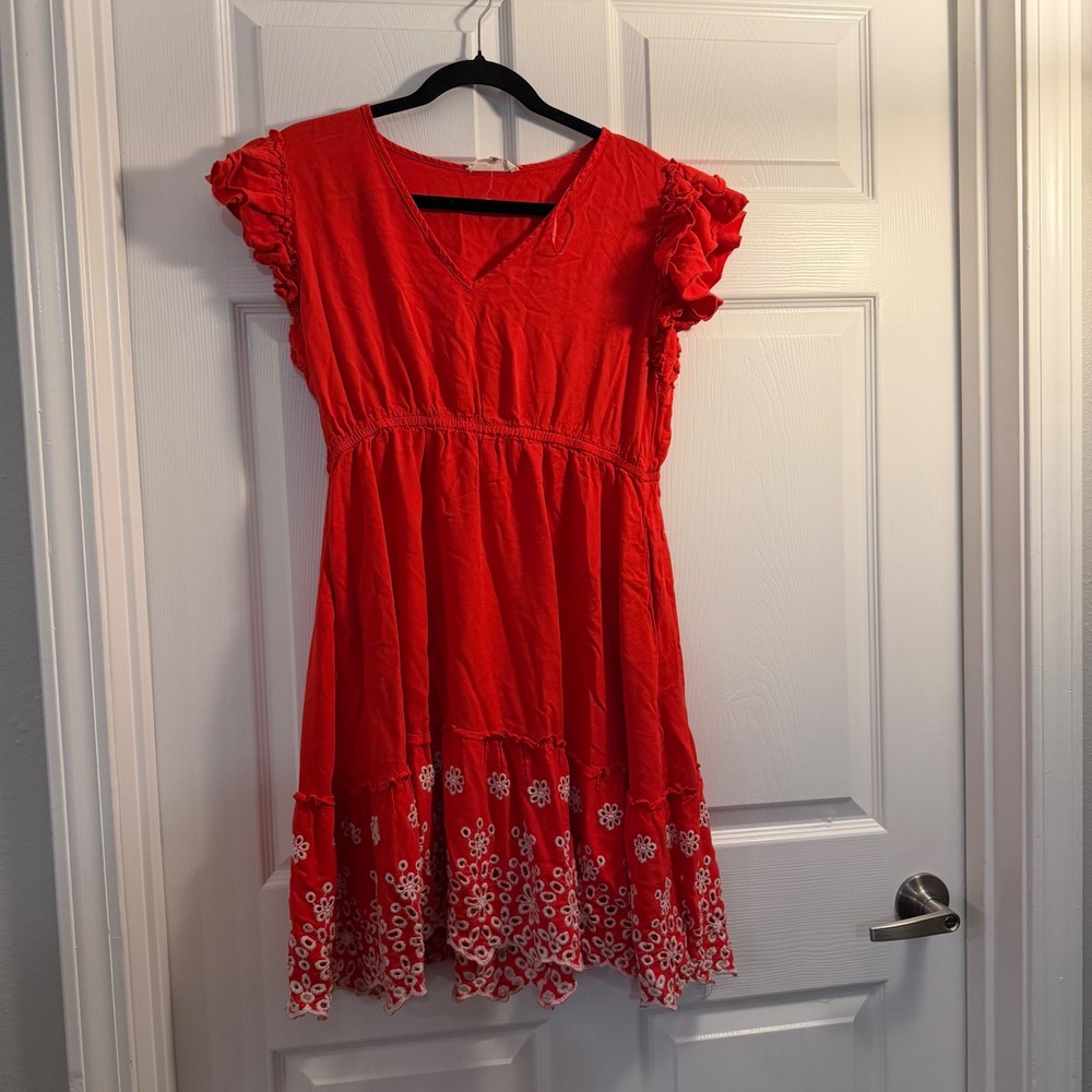 Solitaire Eyelet Flutter Sleeve Dress Red Large Boho Summer Casual